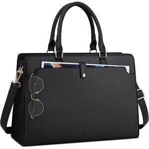 Leather Laptop Black Tote Bag for Women, Waterproof Work & Travel Bag